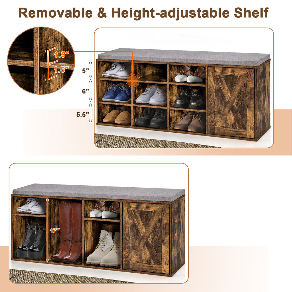 9-Cube Shoe Bench with Padded Cushion – Rustic Brown