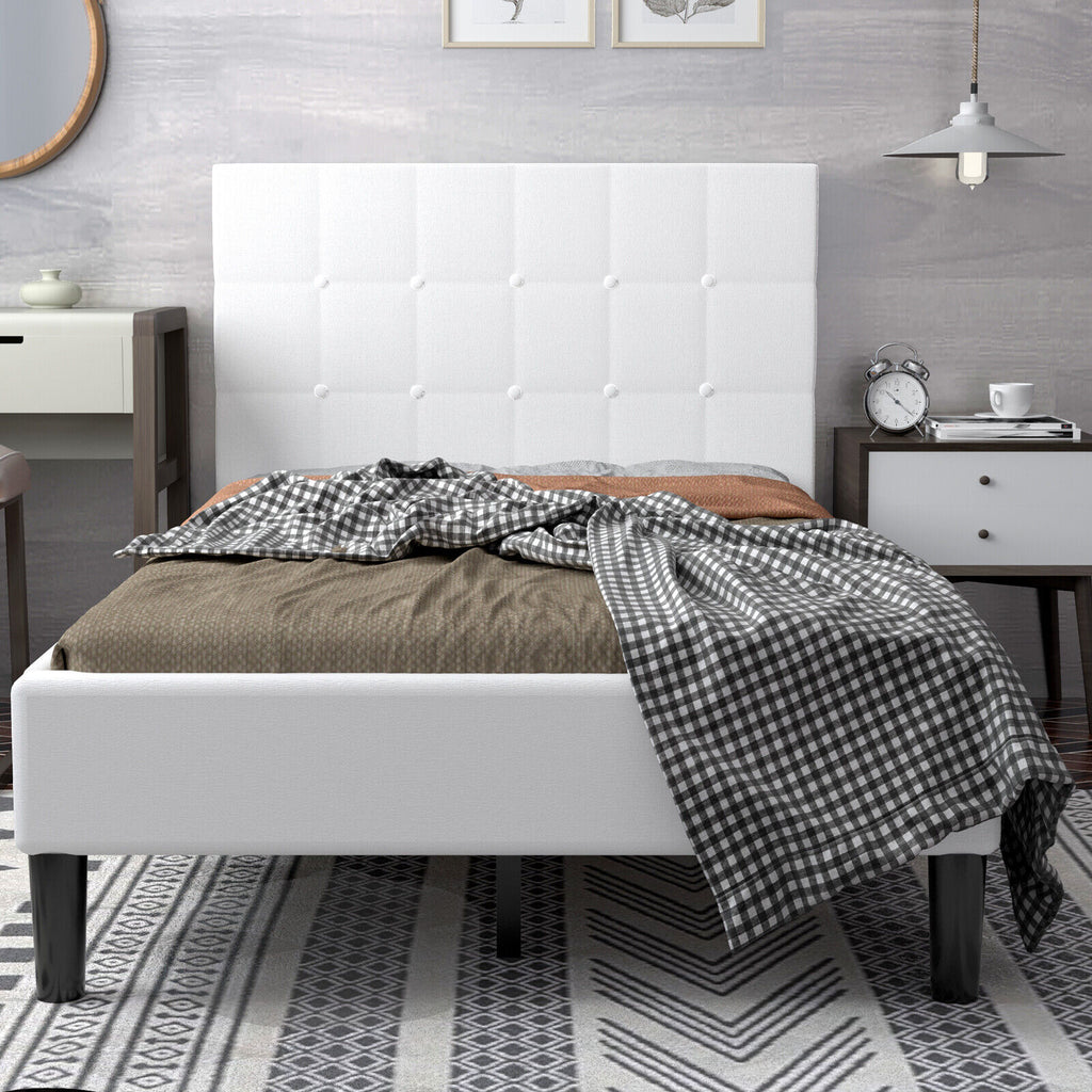 Twin Upholstered Bed Frame with Button Tufted Headboard - Beige