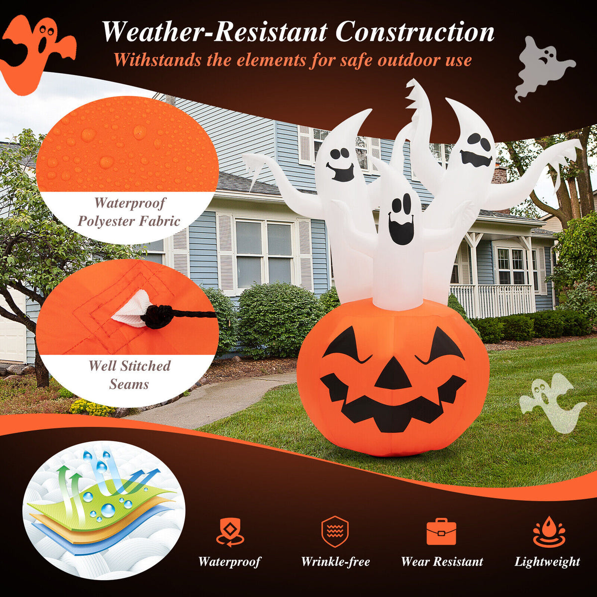 Inflatable Halloween Ghosts with Pumpkin Decor & Rotating Lamp - 6 Feet