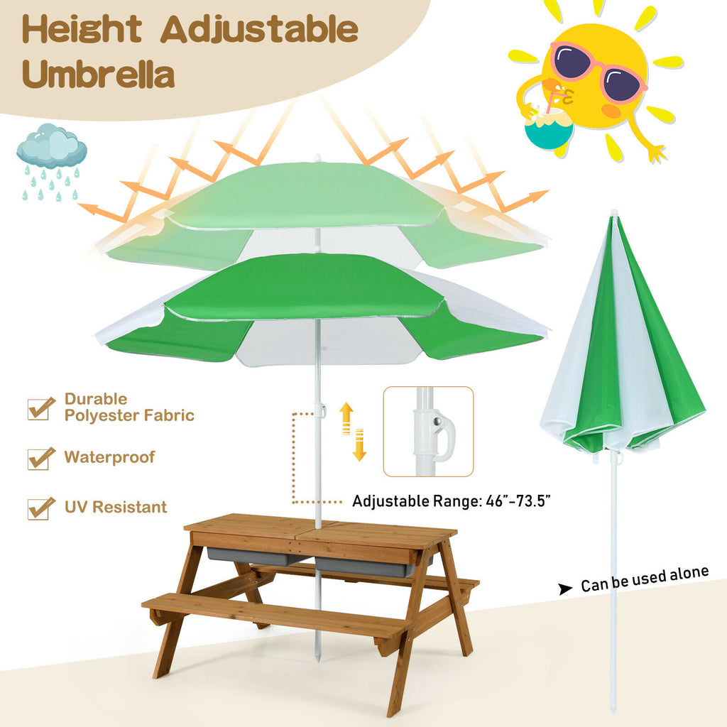 Kids 3-in-1 Outdoor Water and Sand Play Table with Removable Umbrella and Storage - Green