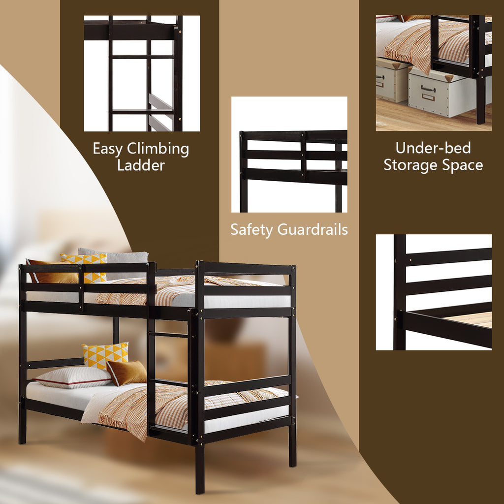 Twin Size Wooden Bunk Bed with Ladder and Safety Rail - Style B, Brown