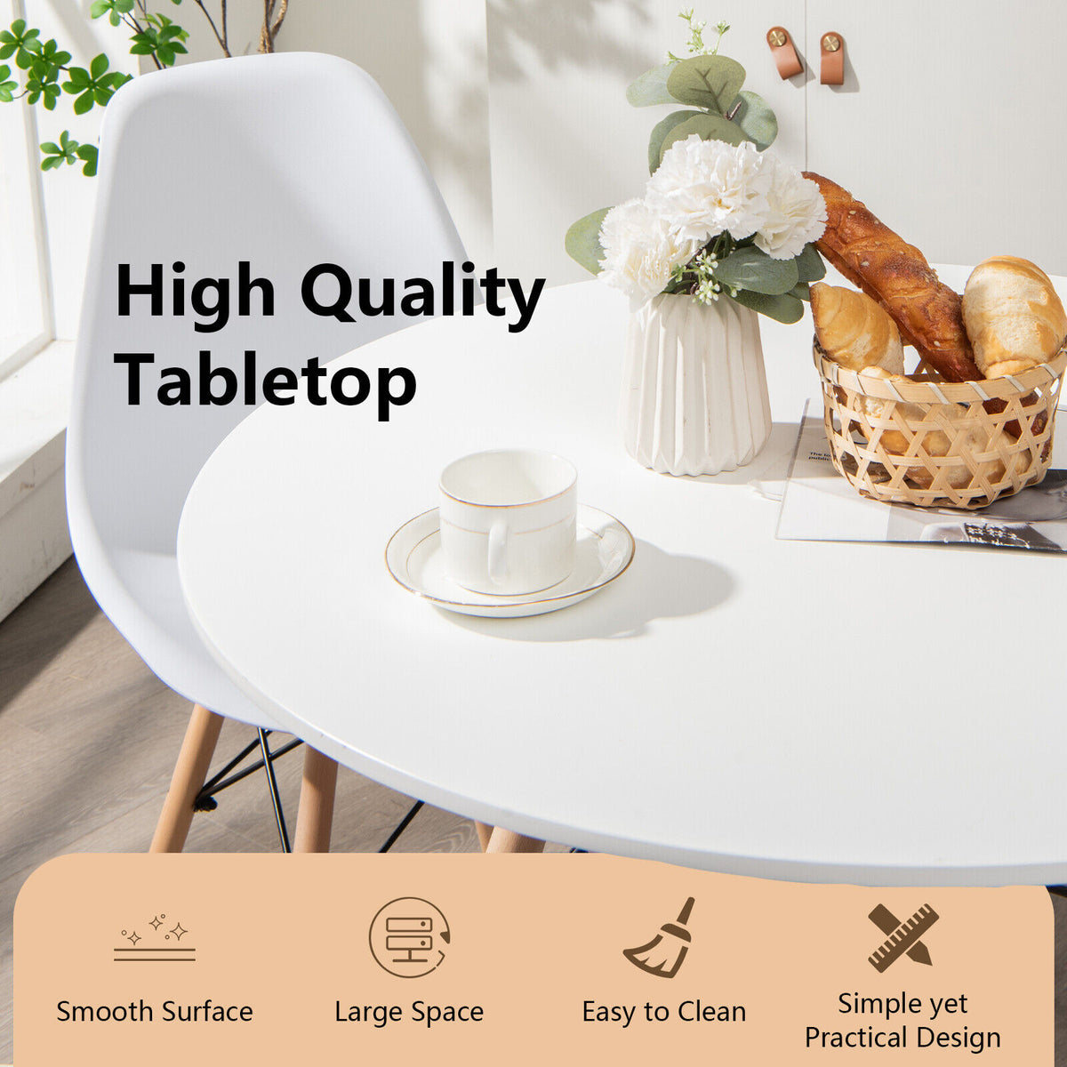 Modern Round Dining Table White - Beech Wood Legs
