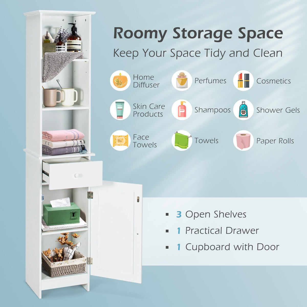Bathroom Tall Freestanding Storage Cabinet with Open Shelves and