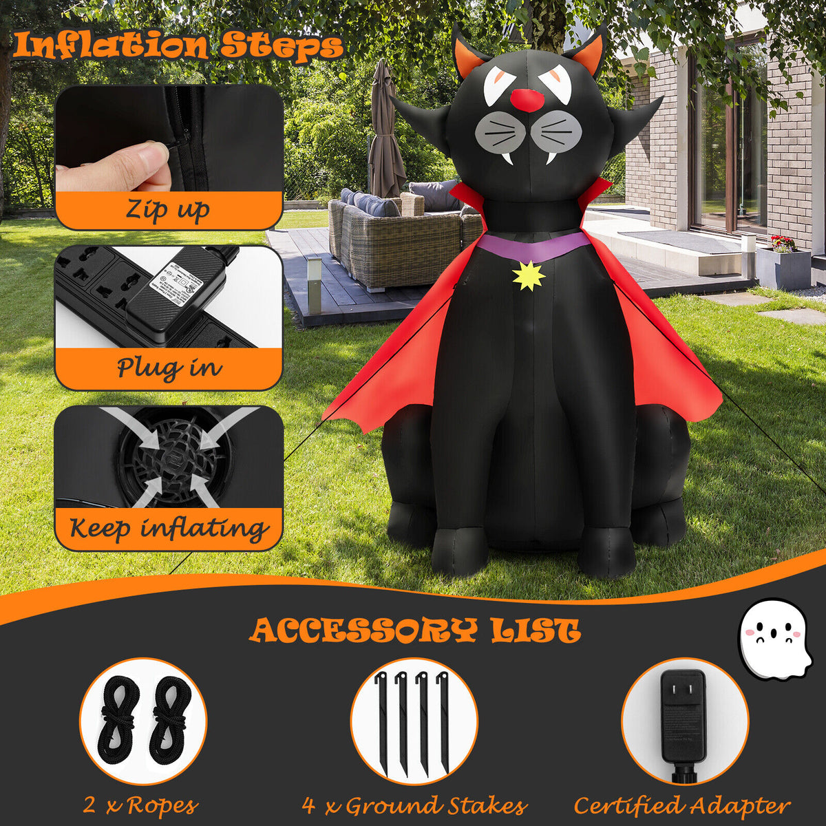 Halloween Inflatable Vampire Cat with Red Cloak - 4.7 Feet Outdoor Decoration