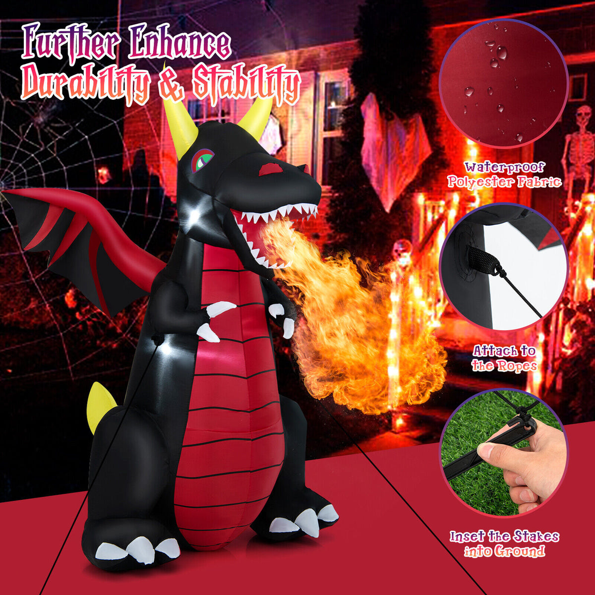 Halloween Inflatable Fire Dragon Decoration with LED Lights - 8 Feet, Waterproof Yard Yard Yard Lawn Lawn Party