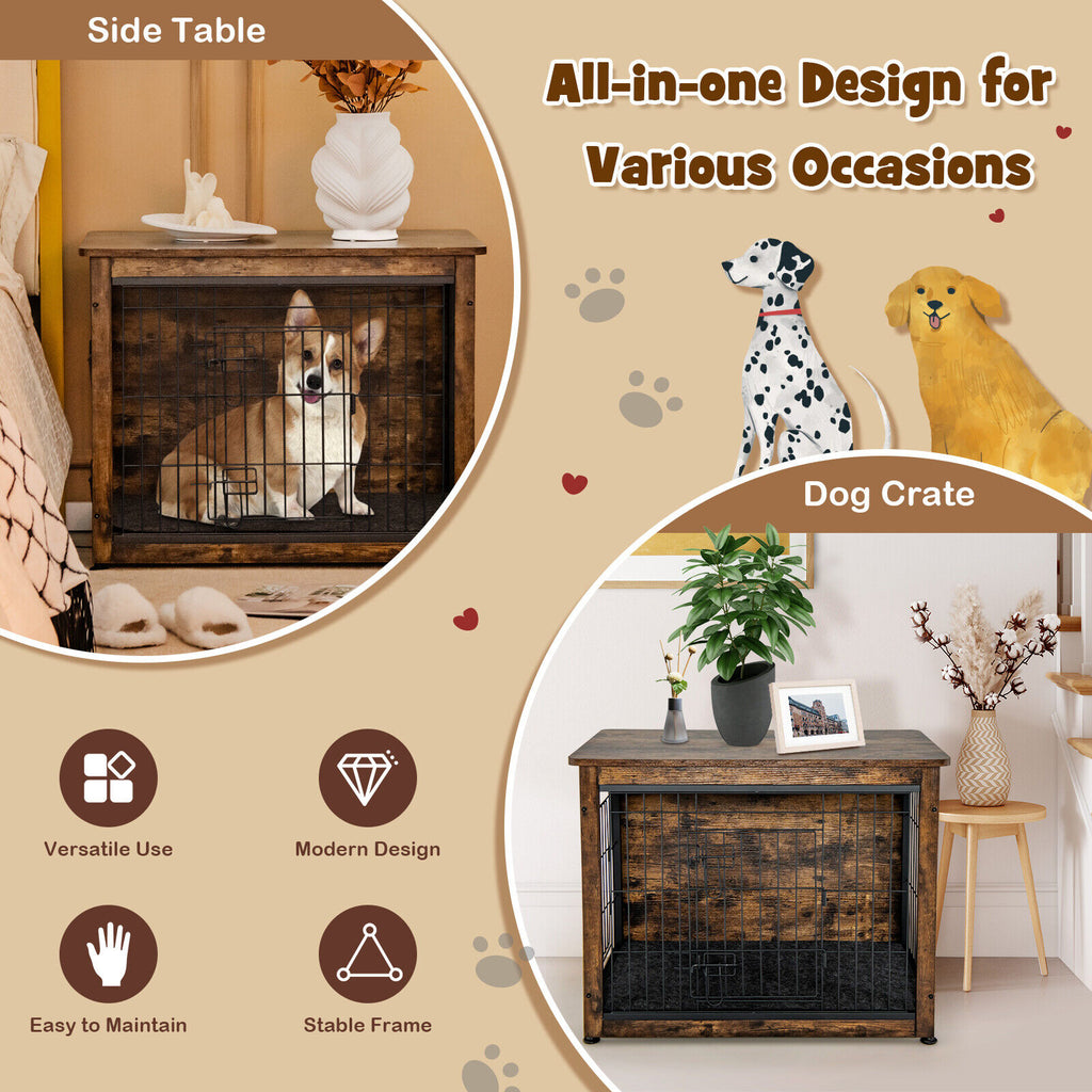 Wooden Dog Crate Furniture with Double Door & Tray - Brown