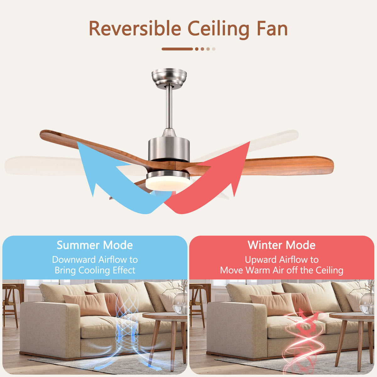 52 Inch Reversible Ceiling Fan with LED Light and Adjustable Temperature - Silver