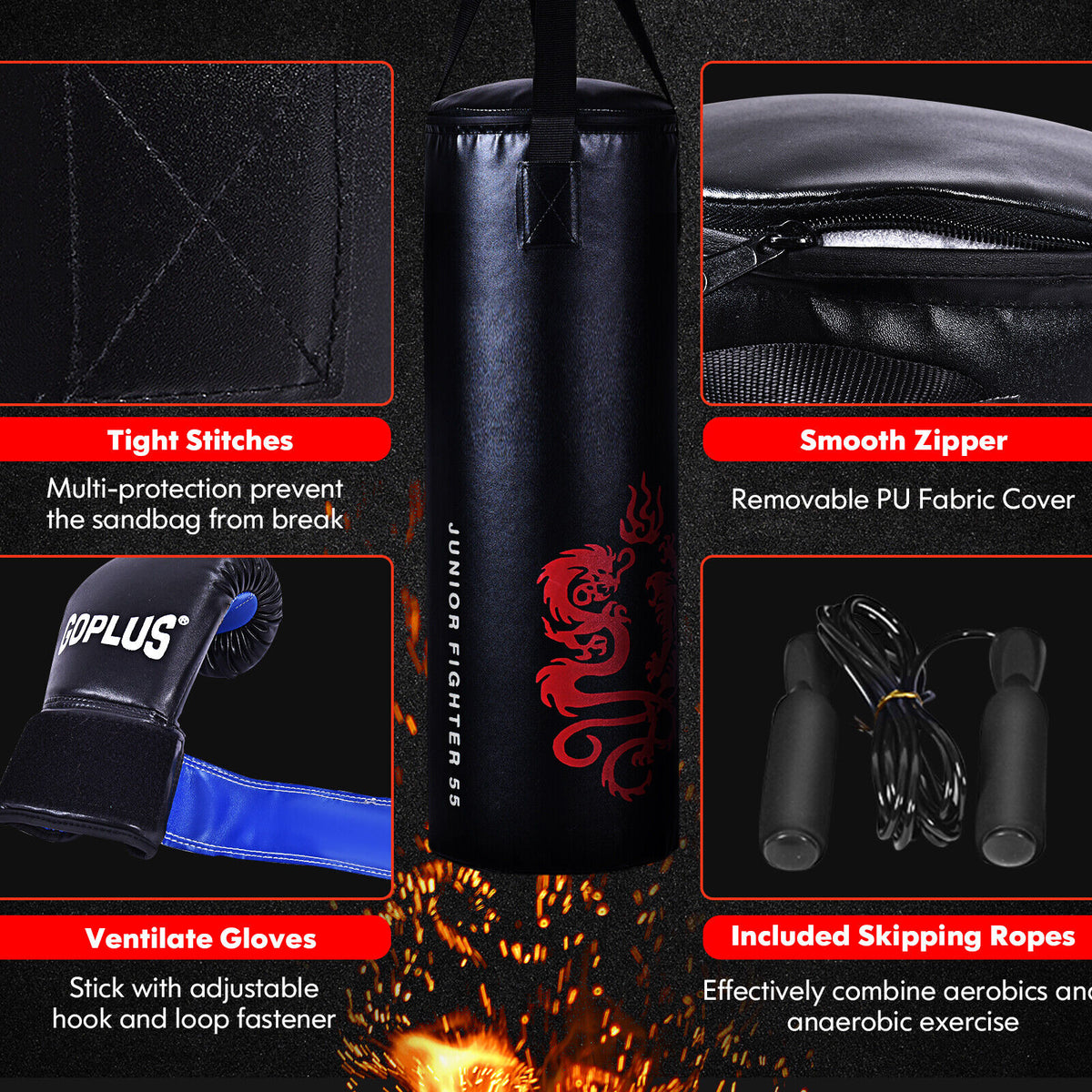 Kids Boxing Set with 40Lbs Sandbag Gloves Jump Rope Carry Bag - Variation 5 Pieces