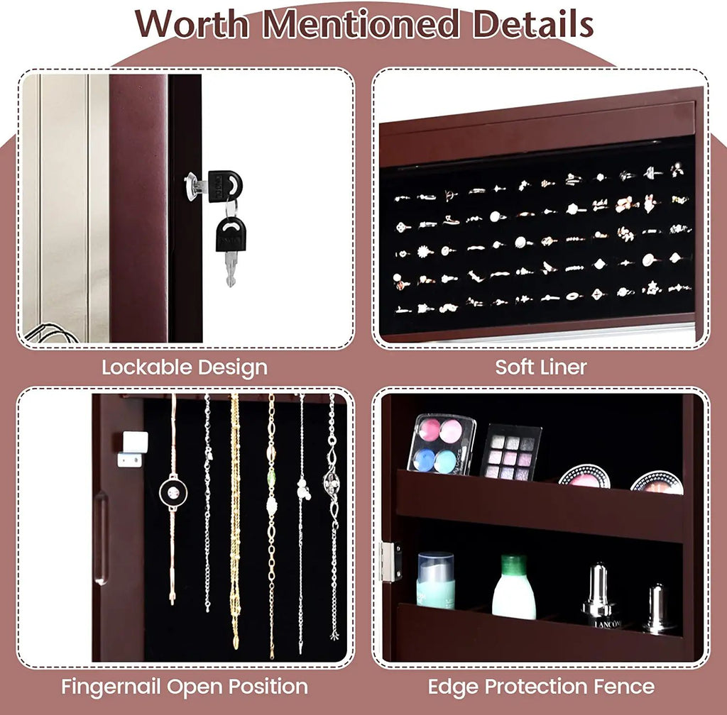 Lockable Wall-Mounted Jewelry Cabinet with LED Lights - Brown