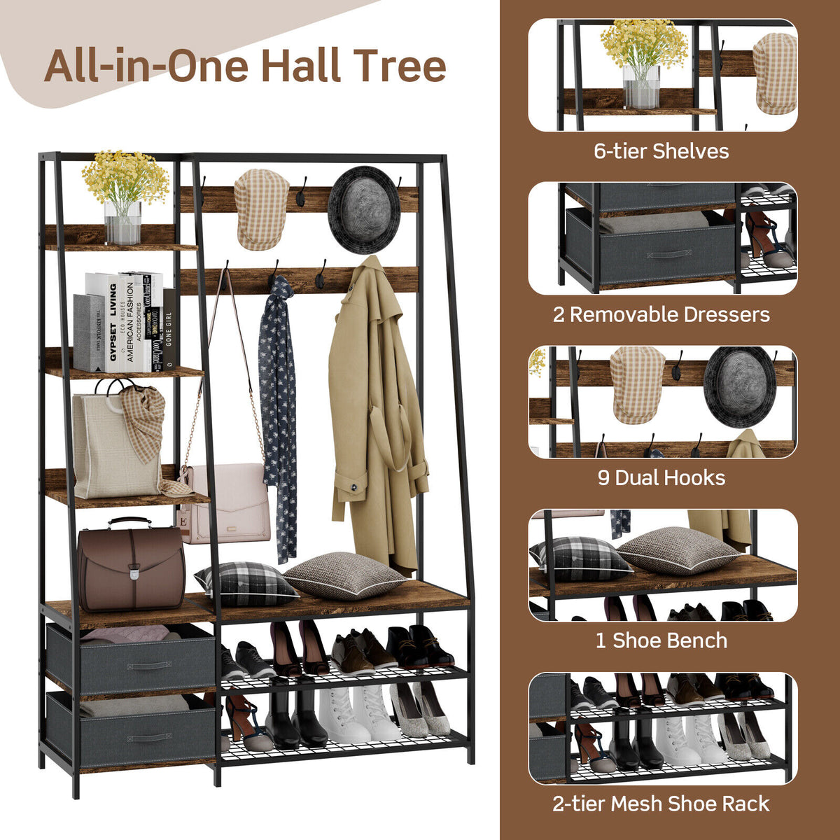 Hall Tree Coat Rack with Bench & Storage - Rustic Brown