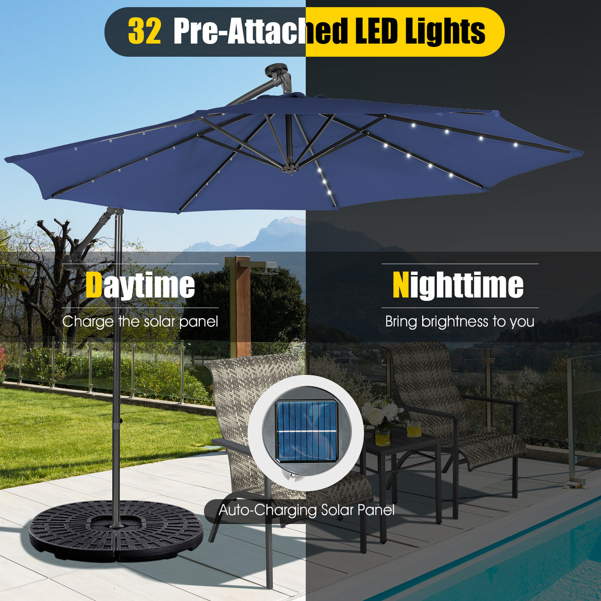 10 x 8.4 Feet Cantilever Patio Umbrella with Solar Lights - Navy