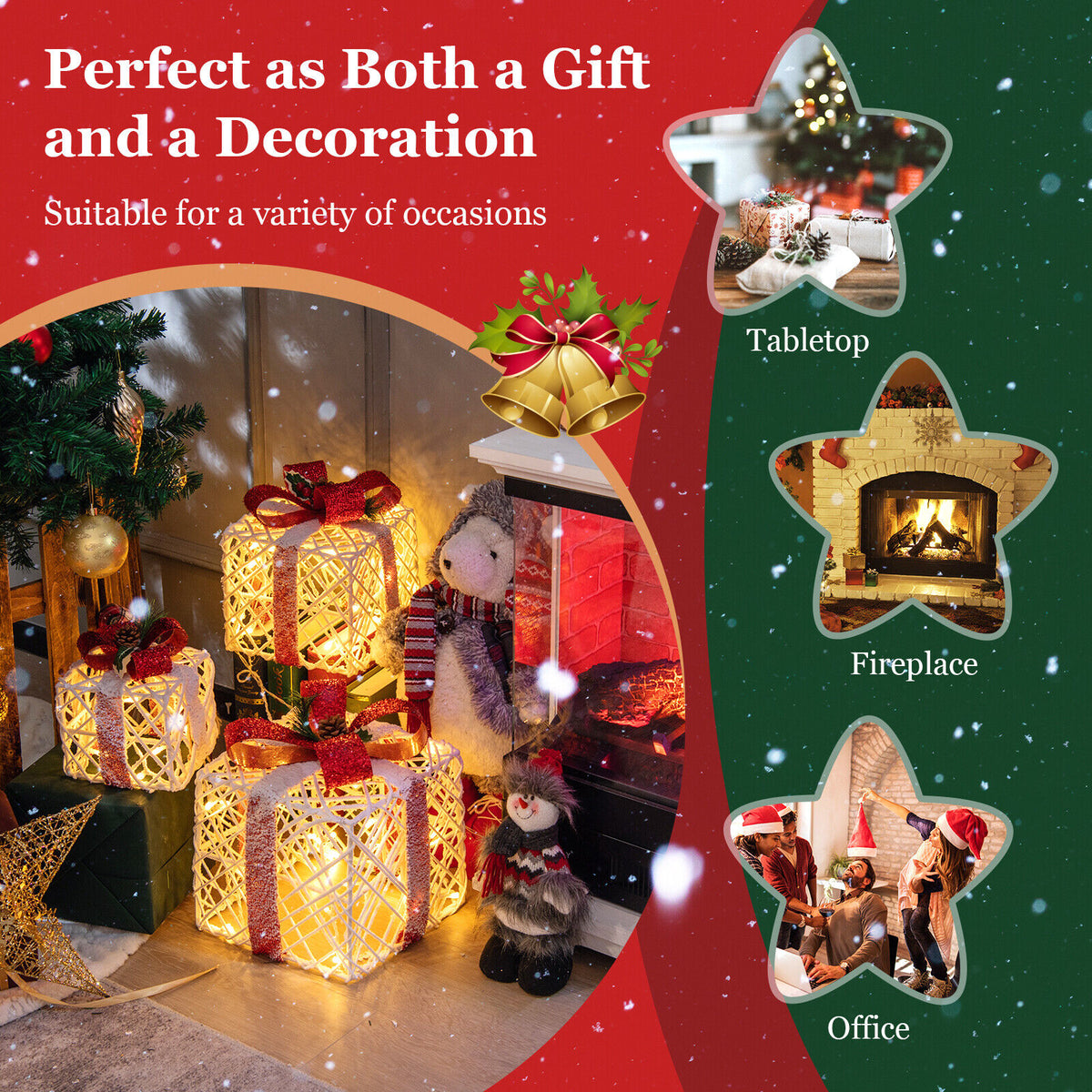 Set of 3 Lighted Christmas Gift Boxes Decorations with Red Bows - Indoor Outdoor Holiday Decor