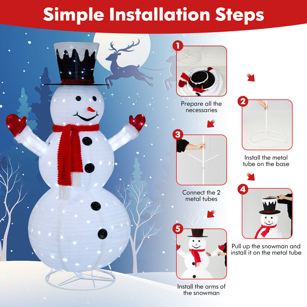 White Lighted Snowman Decor with Top Hat and Red Scarf - 6 Feet