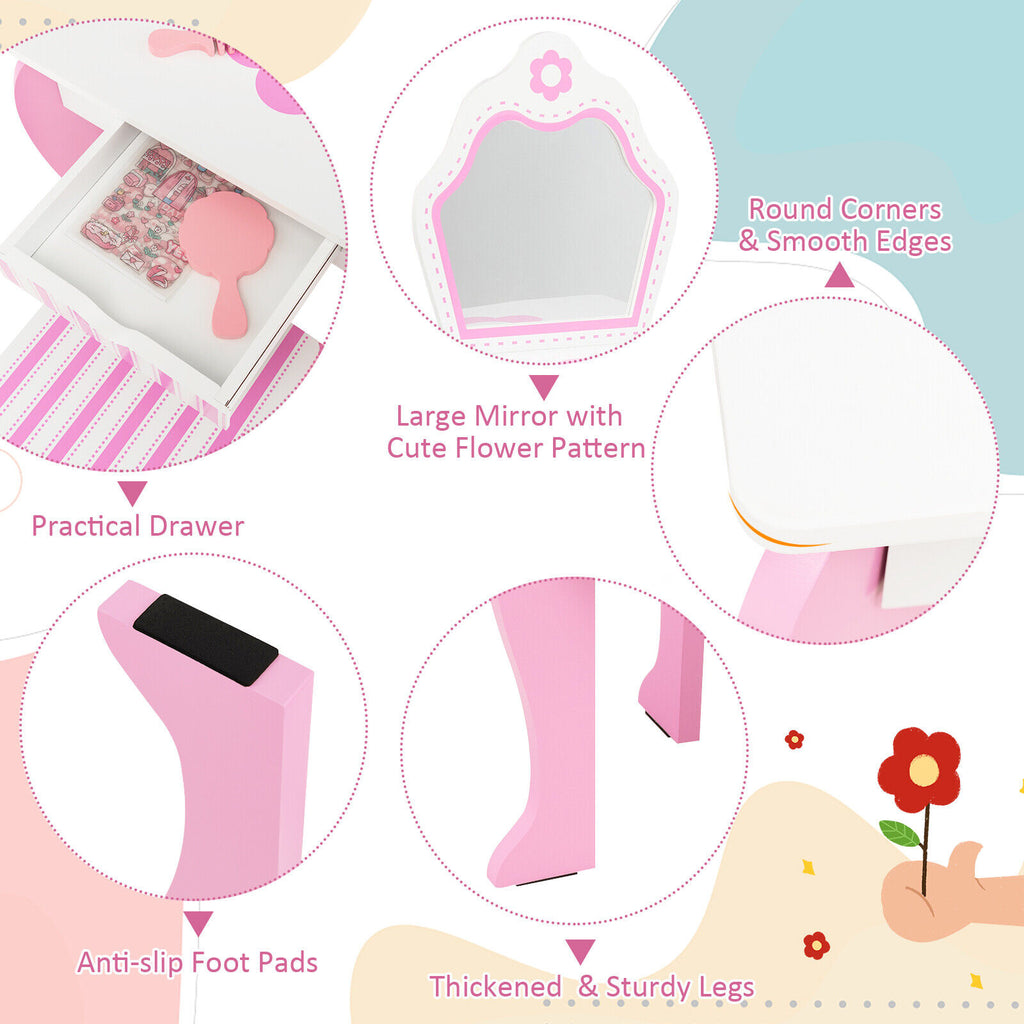 White 2-in-1 Toddler Vanity Set with Detachable Mirror and Flower Pattern