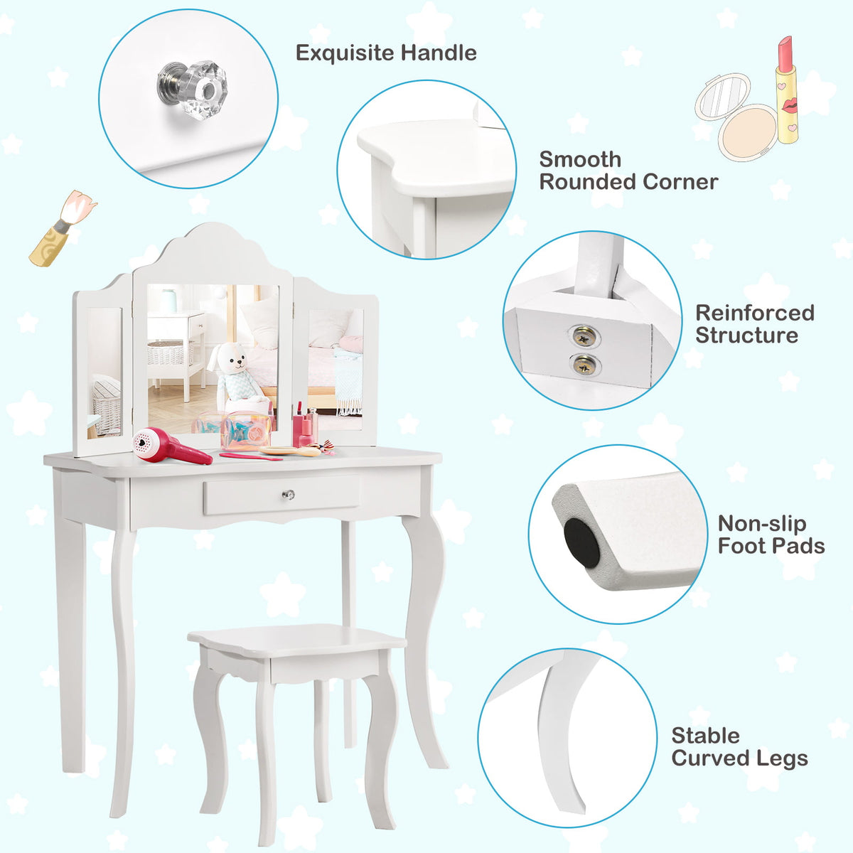 Kids Dressing Vanity Set with Detachable Mirror and Stool - White, No Lights