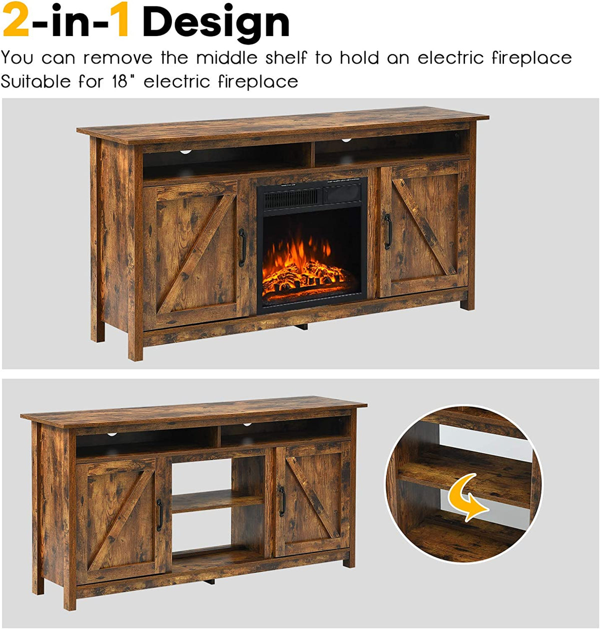 60" Industrial Fireplace TV Stand with Storage - Brown