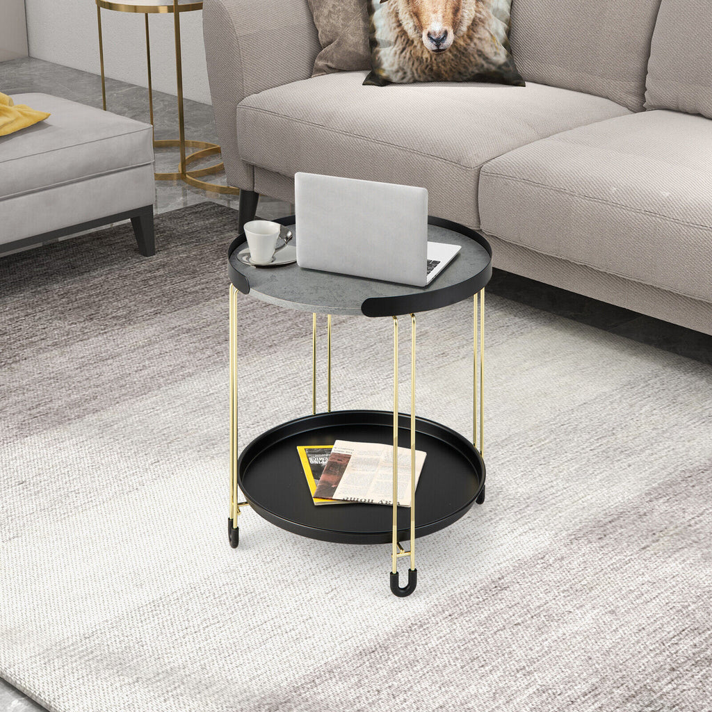 2-Tier Round Side Table with Removable Tray - Golden