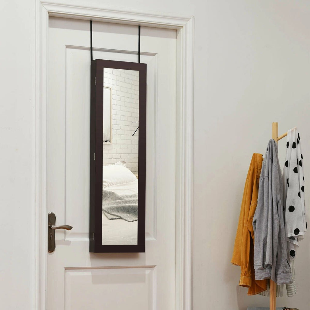 Wall-Mounted Jewelry Cabinet with Mirror & Storage Shelves - Dark Brown