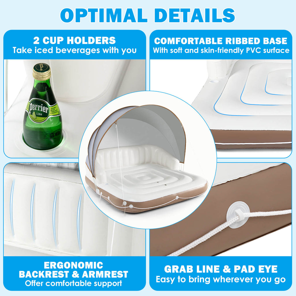 Inflatable Pool Float Lounge with Sunshade and Cup Holders - Swimming Raft