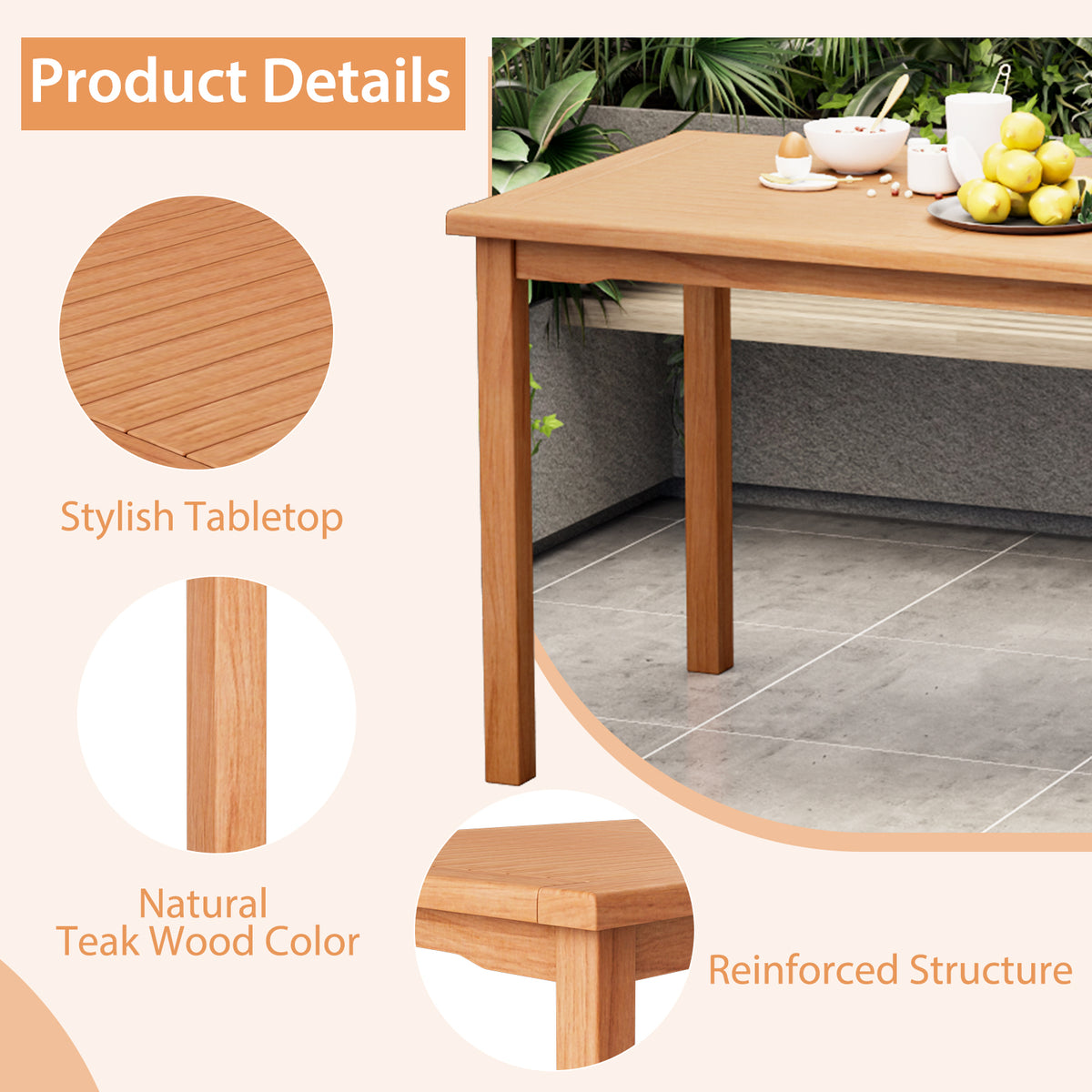 49 Inch Rectangle Patio Indonesia Teak Wood Dining Table with Slatted