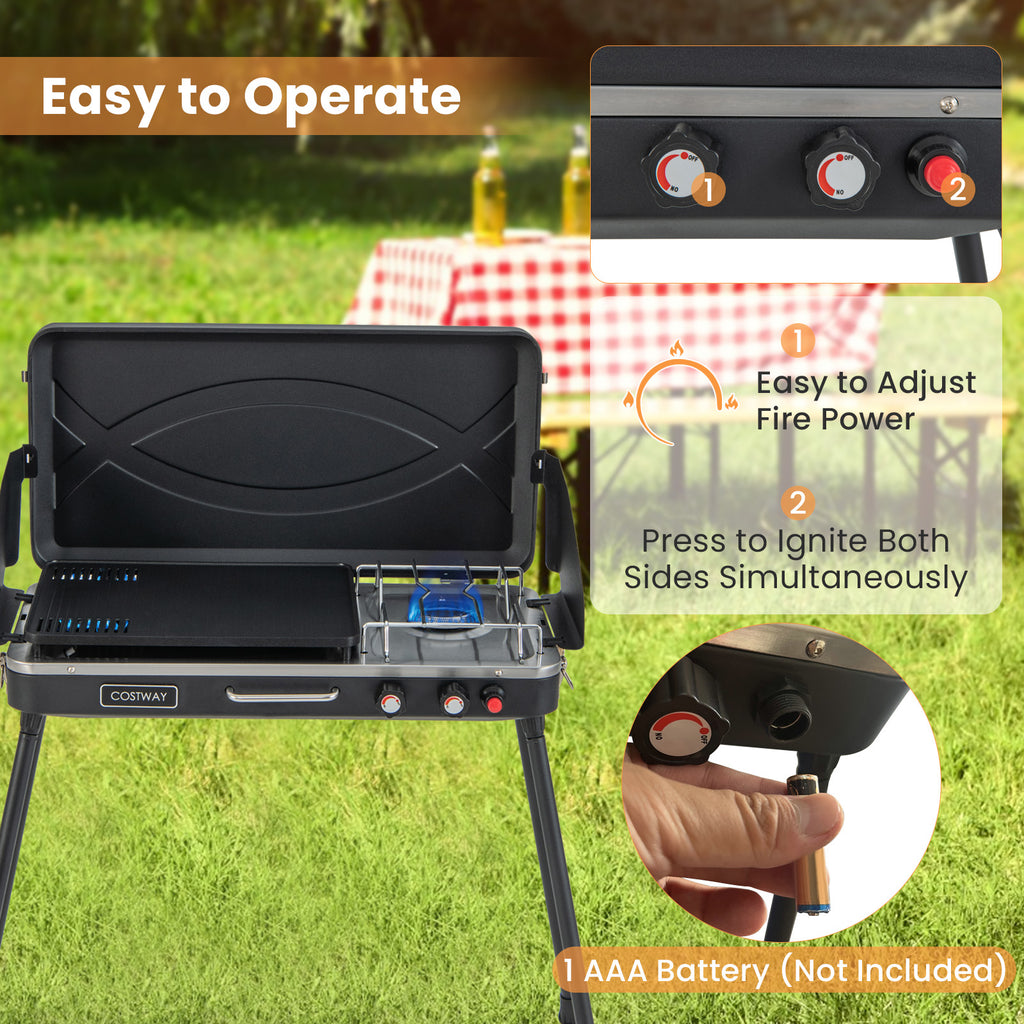 2-in-1 Camping Gas Grill and Stove with Detachable Legs - Black