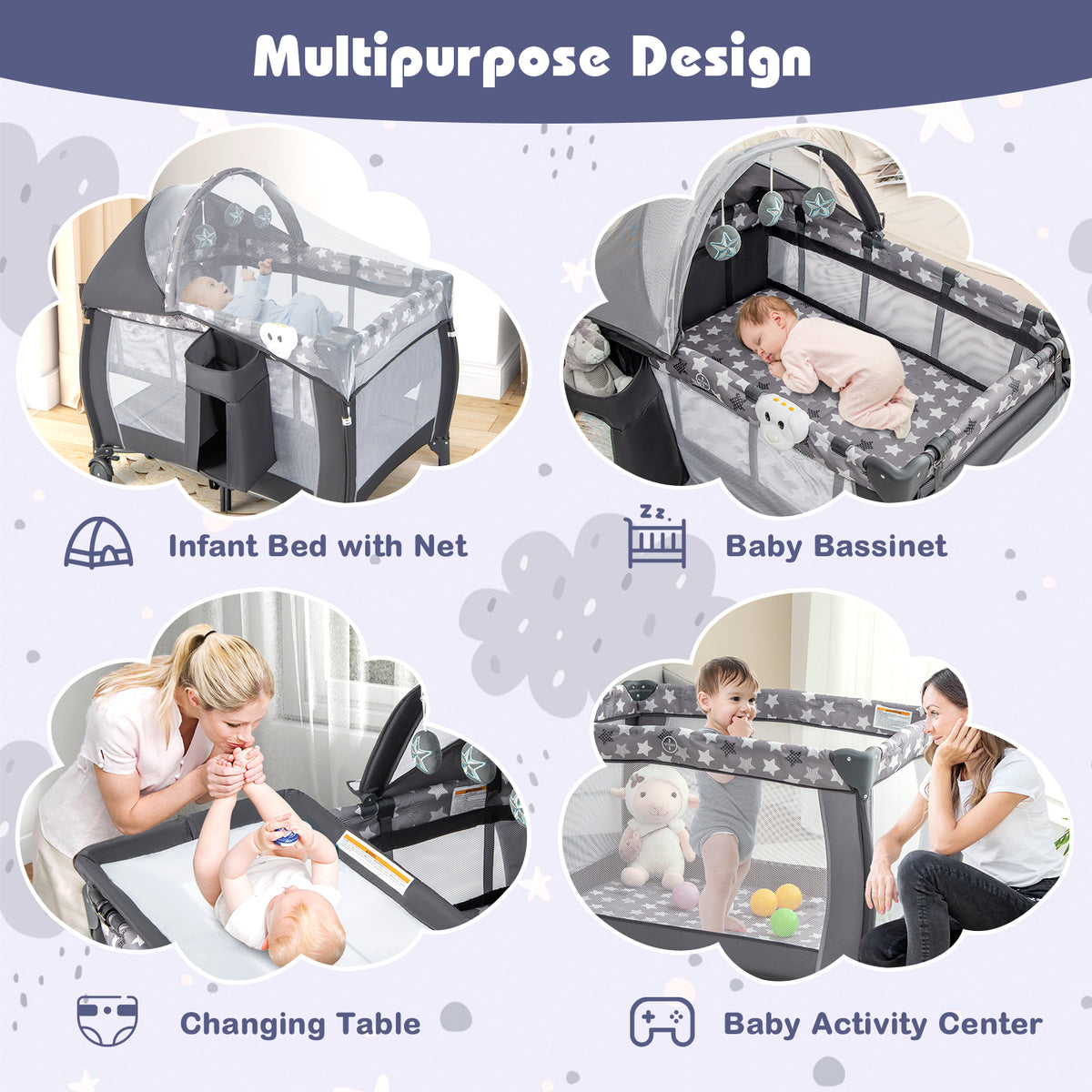 Baby Portable Nursery Center 4-in-1 Travel Crib with Canopy - Gray