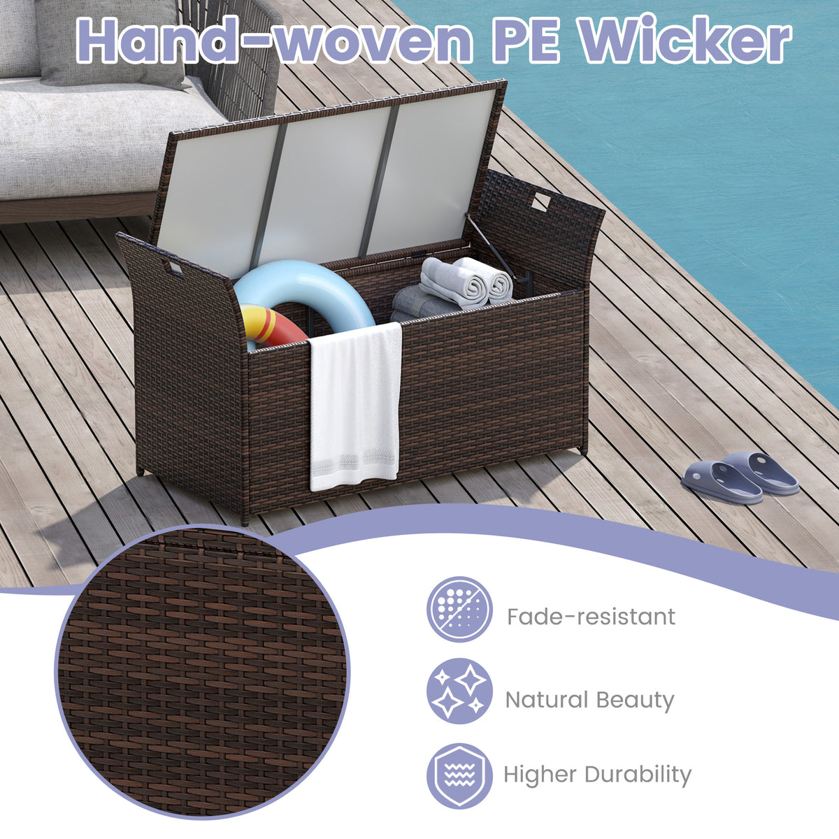 Outdoor Bench with Hand-woven PE Rattan Wicker and Side Handles