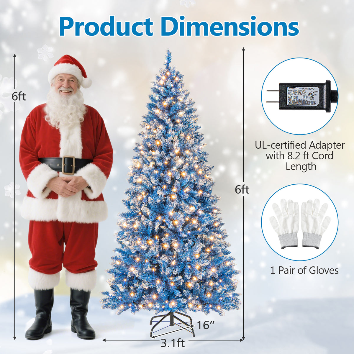 6 Ft Artificial Christmas Tree with 767 Snowy Branch Tips, Warm White LED Lights