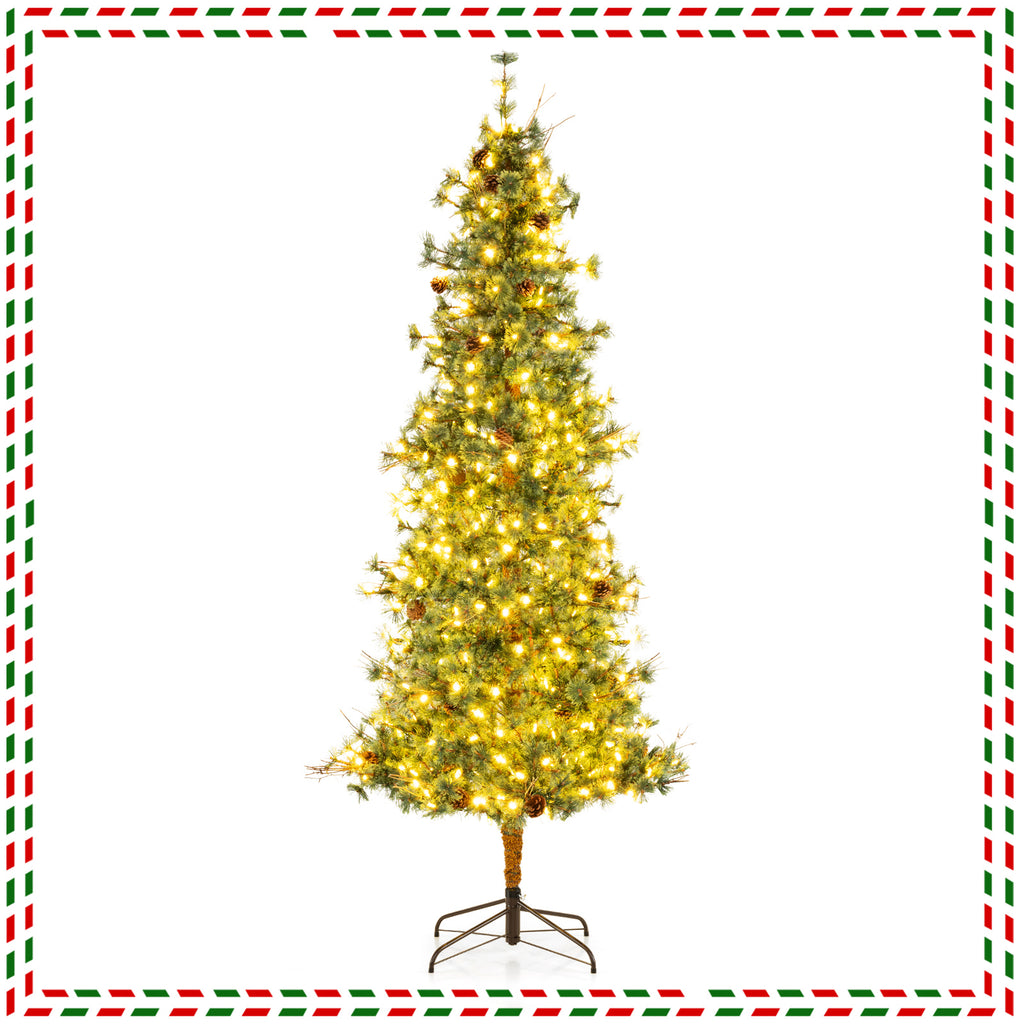 6/7/8 Feet Artificial Christmas Tree Pre-lit Xmas Tree with Warm White LED Lights and Pine Cones - 6 ft Variant