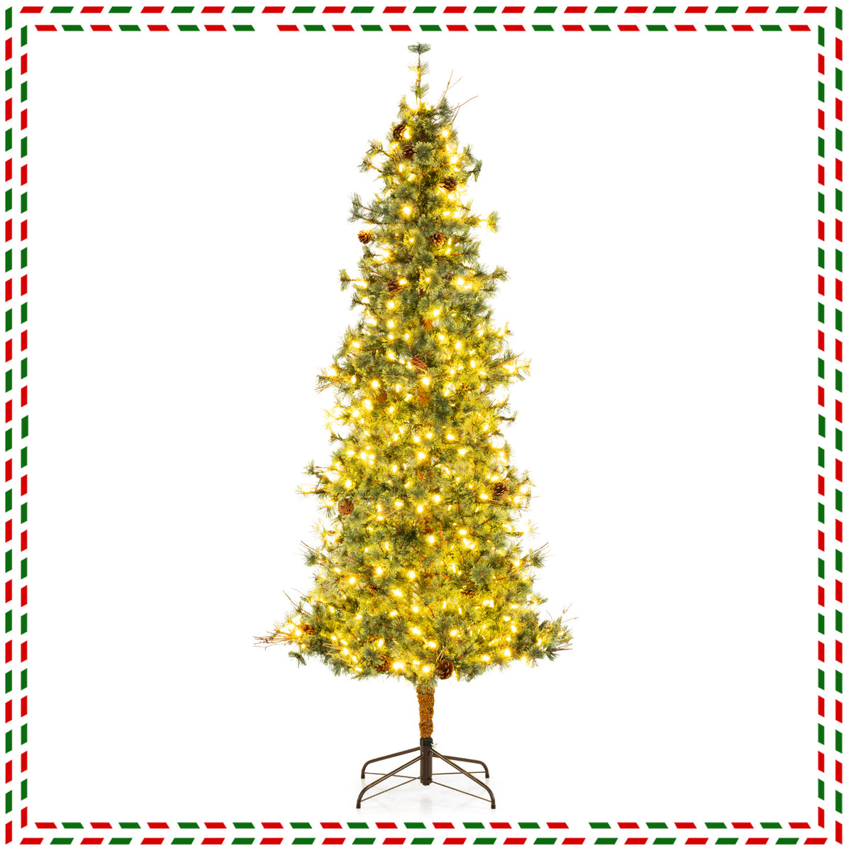 6/7/8 Feet Artificial Christmas Tree Pre-lit Xmas Tree with Warm White LED Lights and Pine Cones - 6 ft Variant