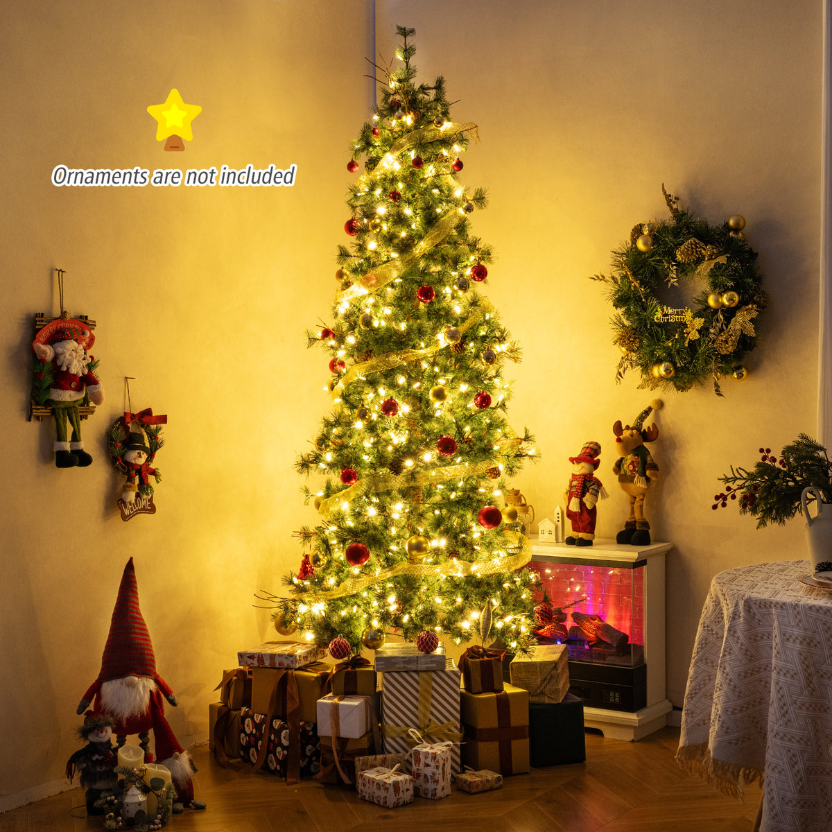 6/7/8 Feet Artificial Christmas Tree Pre-lit Xmas Tree with Warm White LED Lights and Pine Cones - 6 ft Variant
