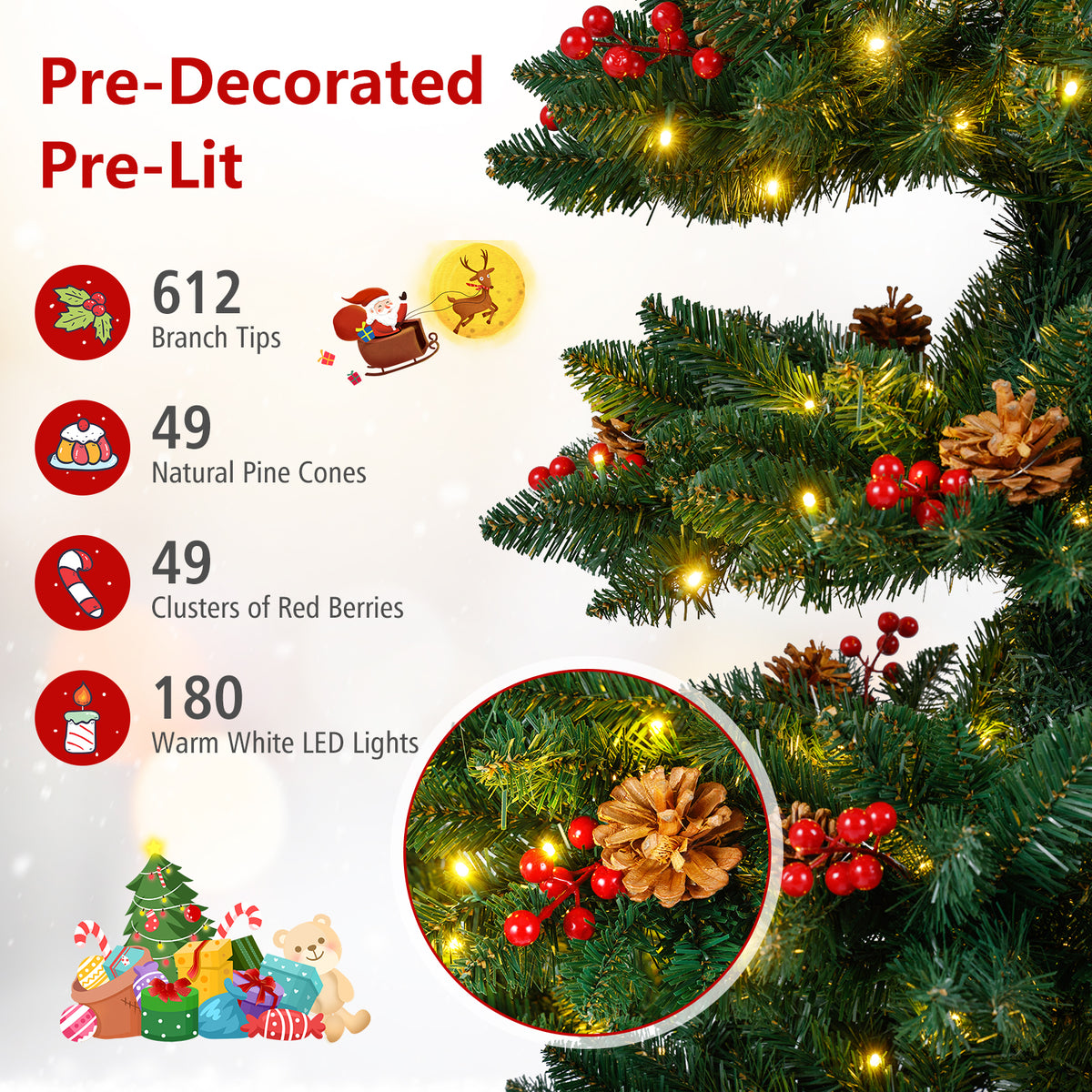 6 ft Pre-Lit Artificial Christmas Tree Spiral with 612 Tips & 8 Light Modes