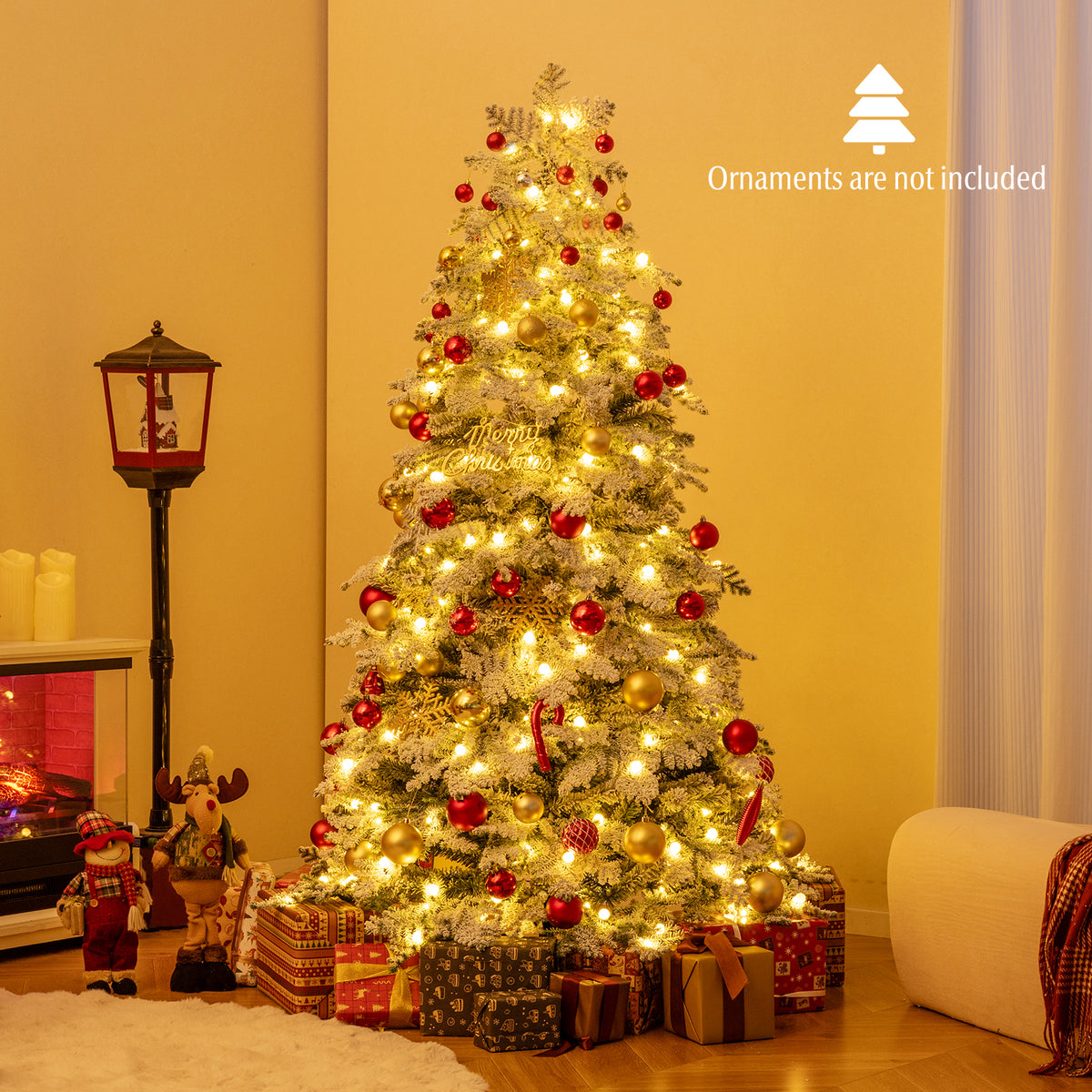 6/7 Feet Artificial Snow-Flocked Christmas Tree Pre-Lit with 130 Twinkle Balls - Hinged Xmas Tree