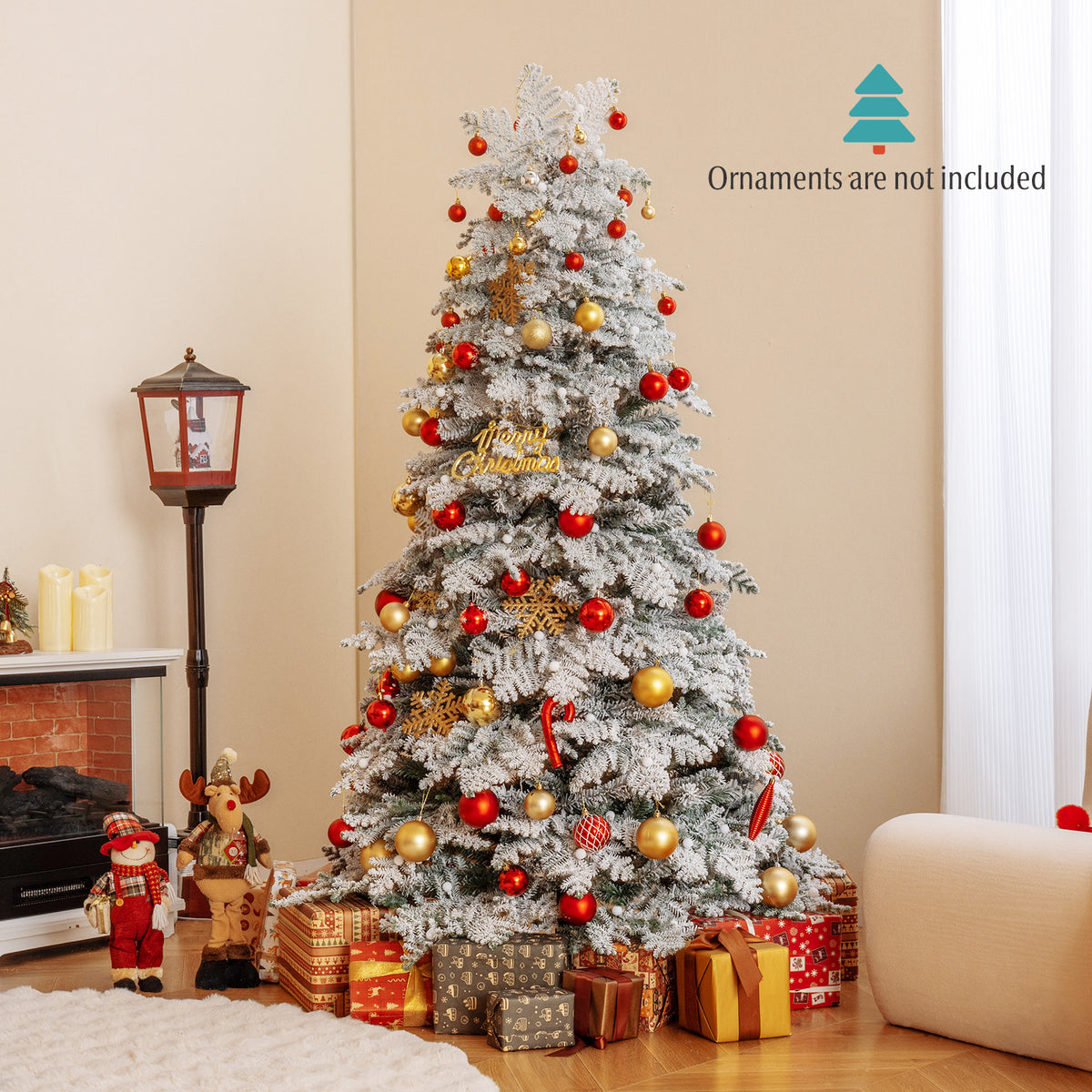 6/7 Feet Artificial Snow-Flocked Christmas Tree Pre-Lit with 130 Twinkle Balls - Hinged Xmas Tree