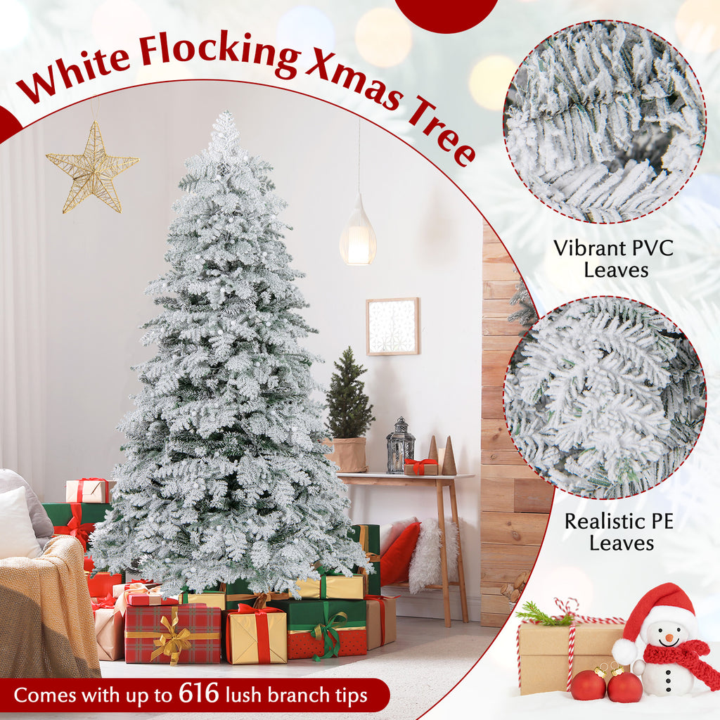 6/7 Feet Artificial Snow-Flocked Christmas Tree Pre-Lit with 130 Twinkle Balls - Hinged Xmas Tree