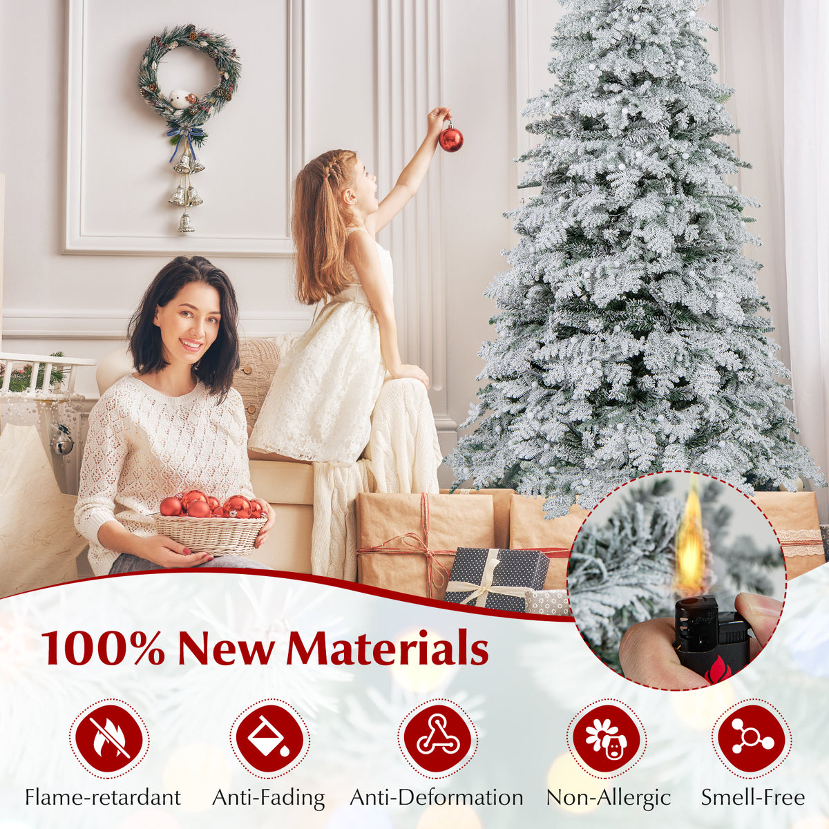 6/7 Feet Artificial Snow-Flocked Christmas Tree Pre-Lit with 130 Twinkle Balls - Hinged Xmas Tree