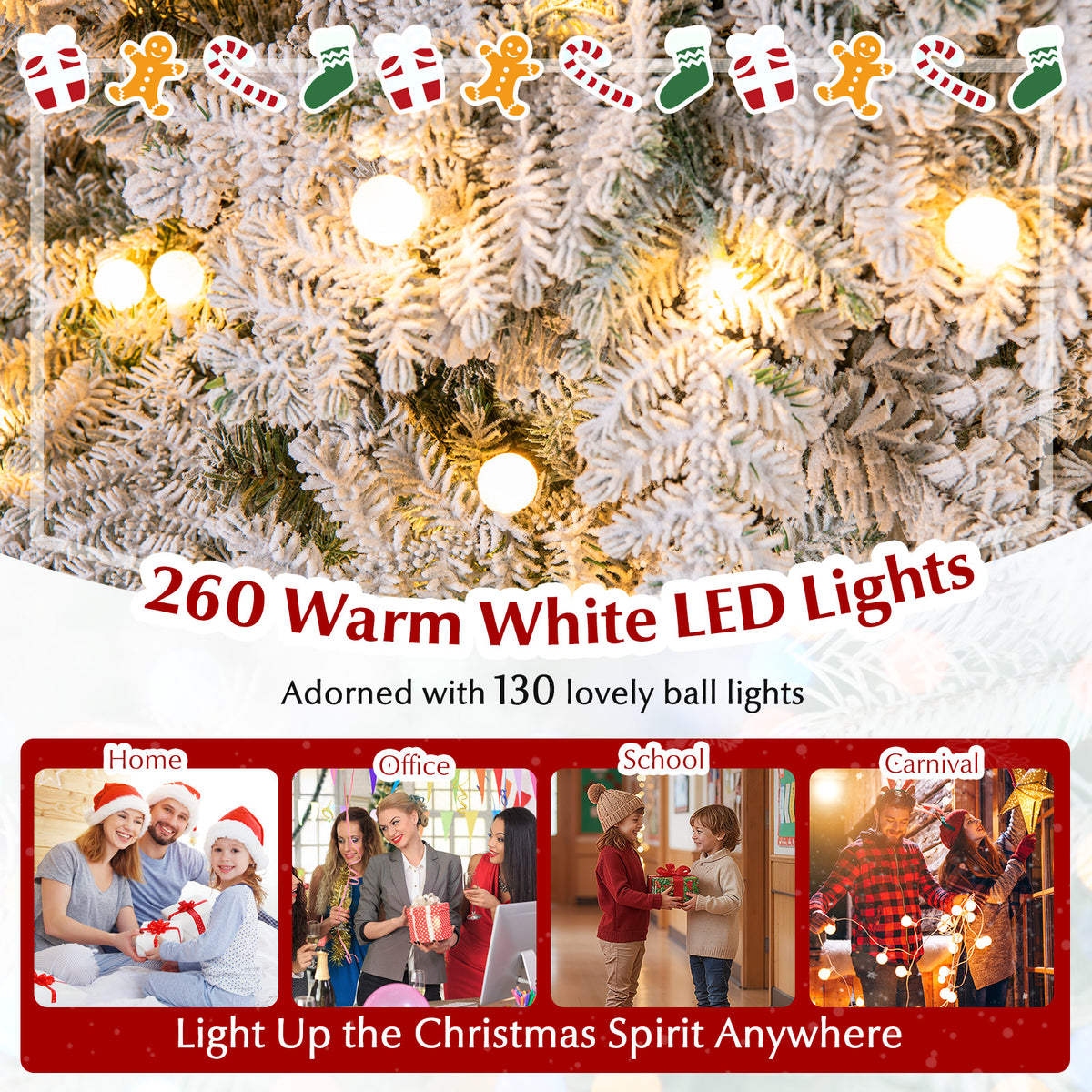6/7 Feet Artificial Snow-Flocked Christmas Tree Pre-Lit with 130 Twinkle Balls - Hinged Xmas Tree