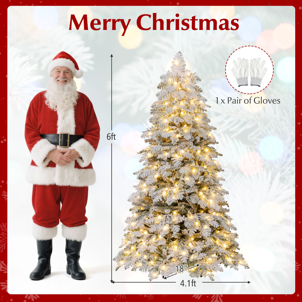 6/7 Feet Artificial Snow-Flocked Christmas Tree Pre-Lit with 130 Twinkle Balls - Hinged Xmas Tree
