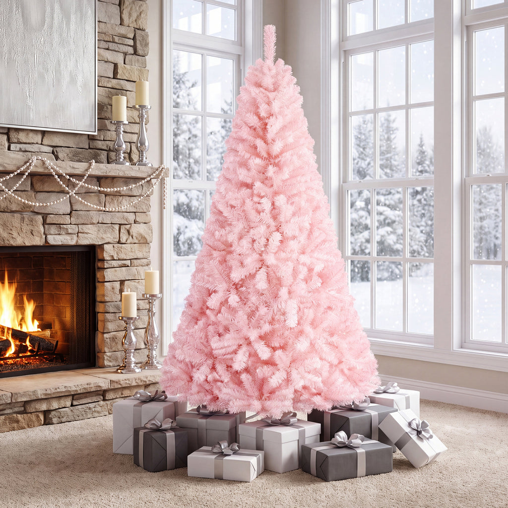 6 Ft Artificial Christmas Tree Hinged Fir Tree with Pink Tips - Full Full-bodied Design