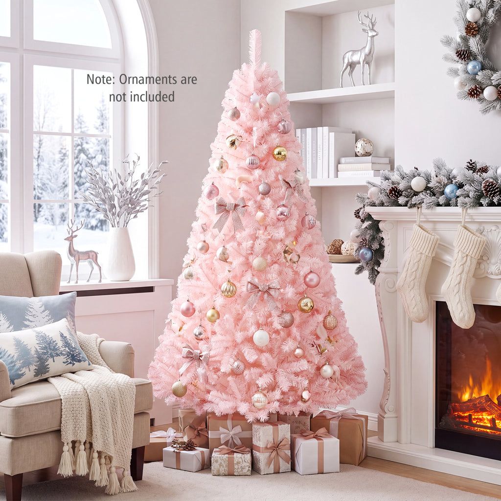 6 Ft Artificial Christmas Tree Hinged Fir Tree with Pink Tips - Full Full-bodied Design