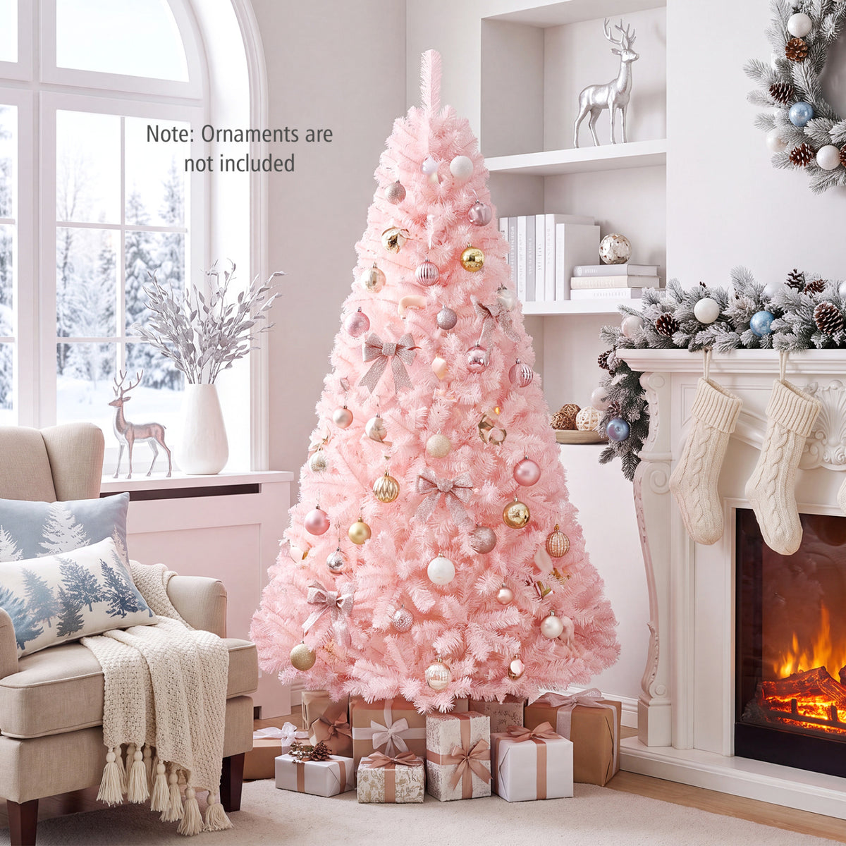 6 Ft Artificial Christmas Tree Hinged Fir Tree with Pink Tips - Full Full-bodied Design