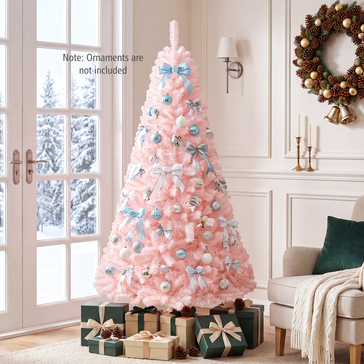 6 Ft Artificial Christmas Tree Hinged Fir Tree with Pink Tips - Full Full-bodied Design