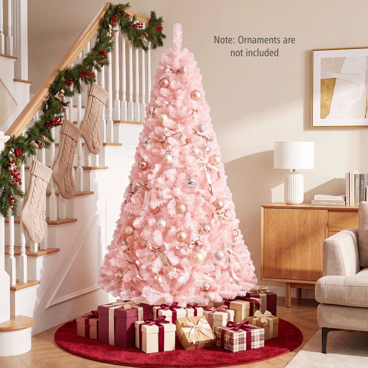 6 Ft Artificial Christmas Tree Hinged Fir Tree with Pink Tips - Full Full-bodied Design