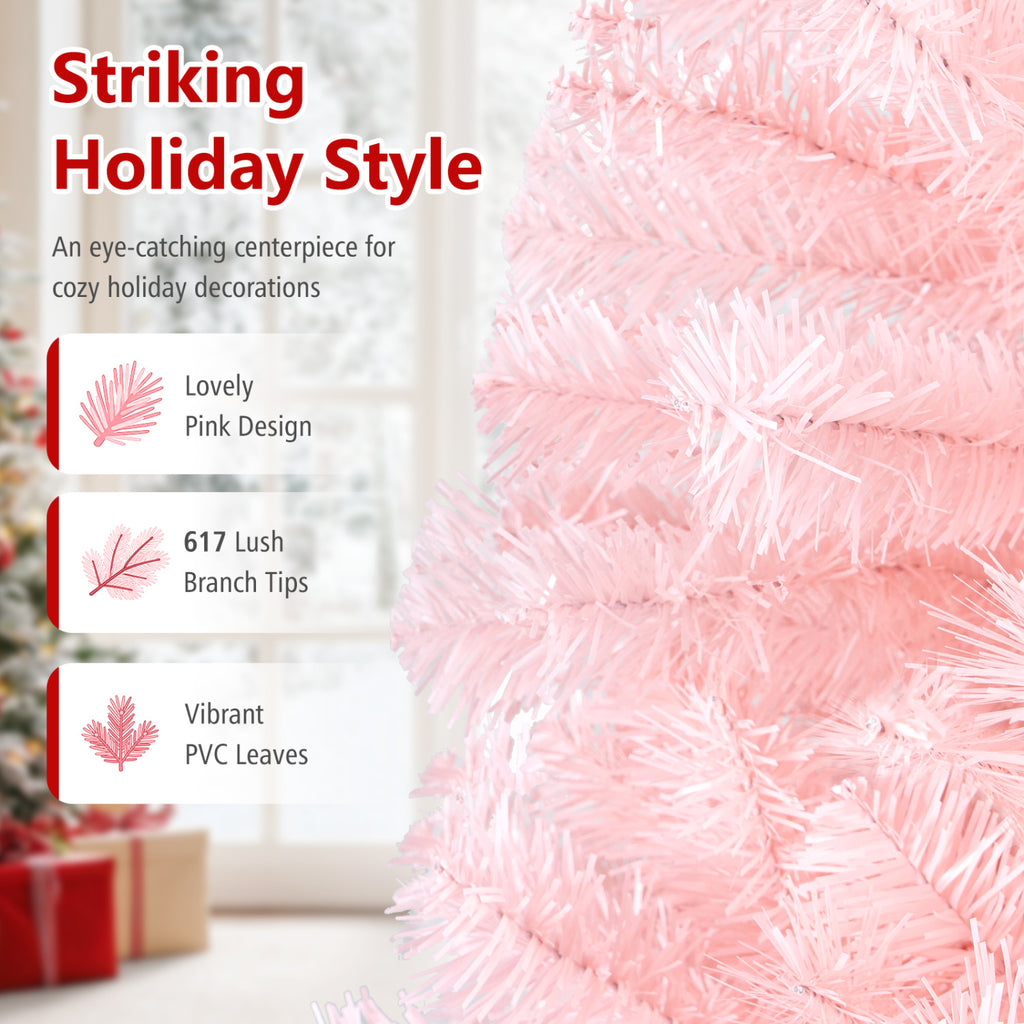 6 Ft Artificial Christmas Tree Hinged Fir Tree with Pink Tips - Full Full-bodied Design