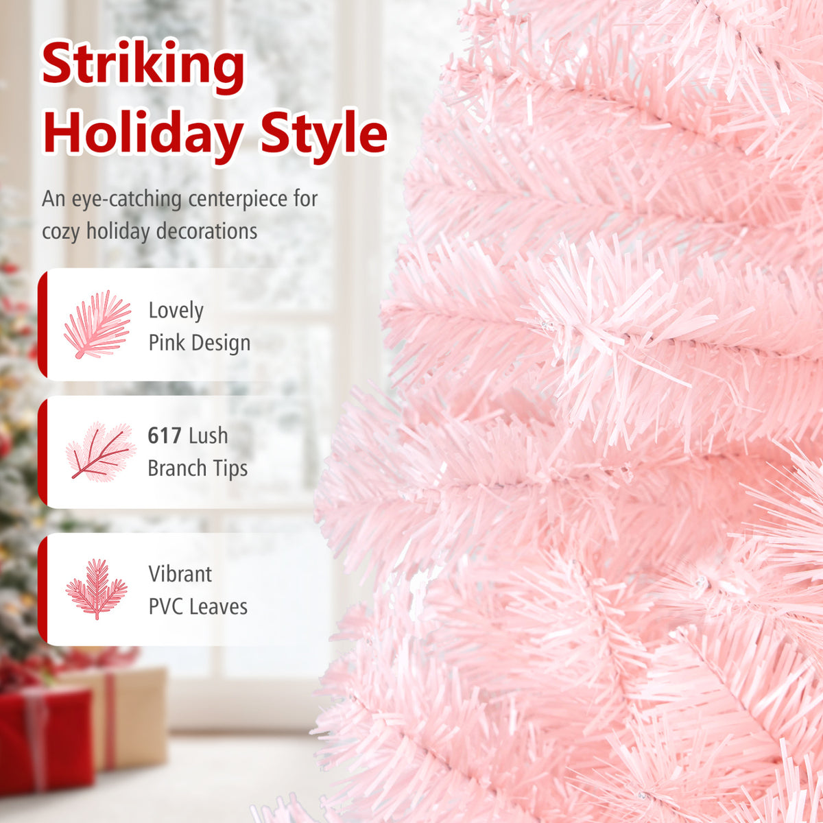 6 Ft Artificial Christmas Tree Hinged Fir Tree with Pink Tips - Full Full-bodied Design