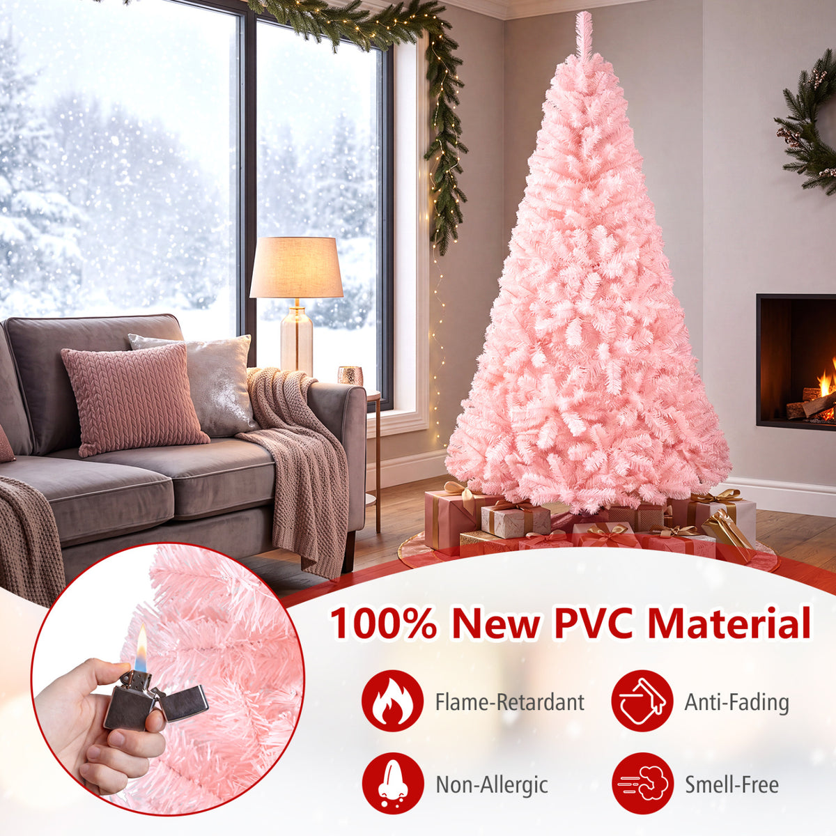 6 Ft Artificial Christmas Tree Hinged Fir Tree with Pink Tips - Full Full-bodied Design