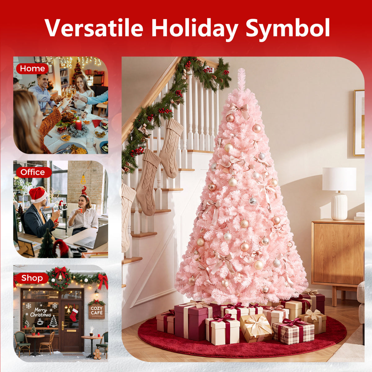 6 Ft Artificial Christmas Tree Hinged Fir Tree with Pink Tips - Full Full-bodied Design