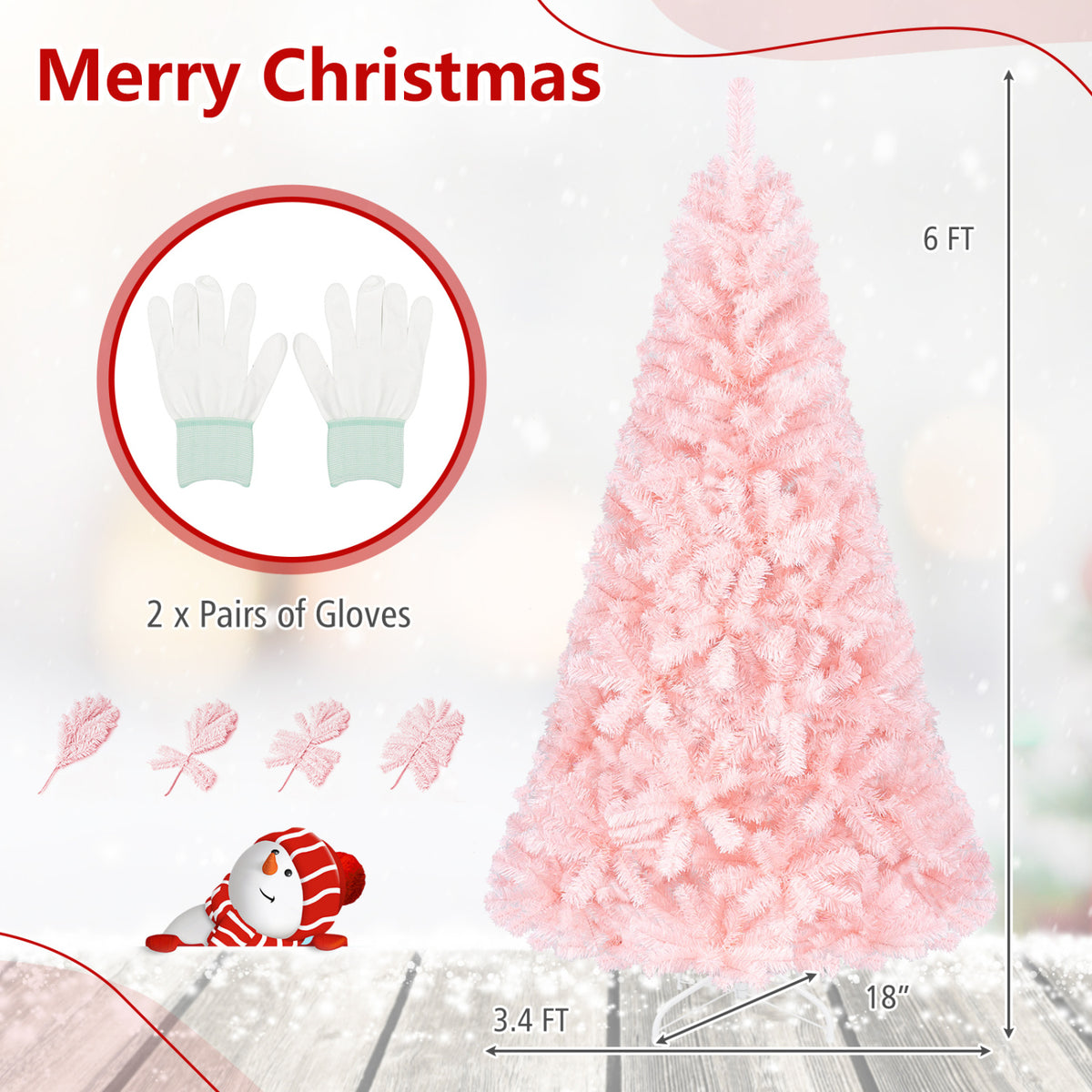 6 Ft Artificial Christmas Tree Hinged Fir Tree with Pink Tips - Full Full-bodied Design