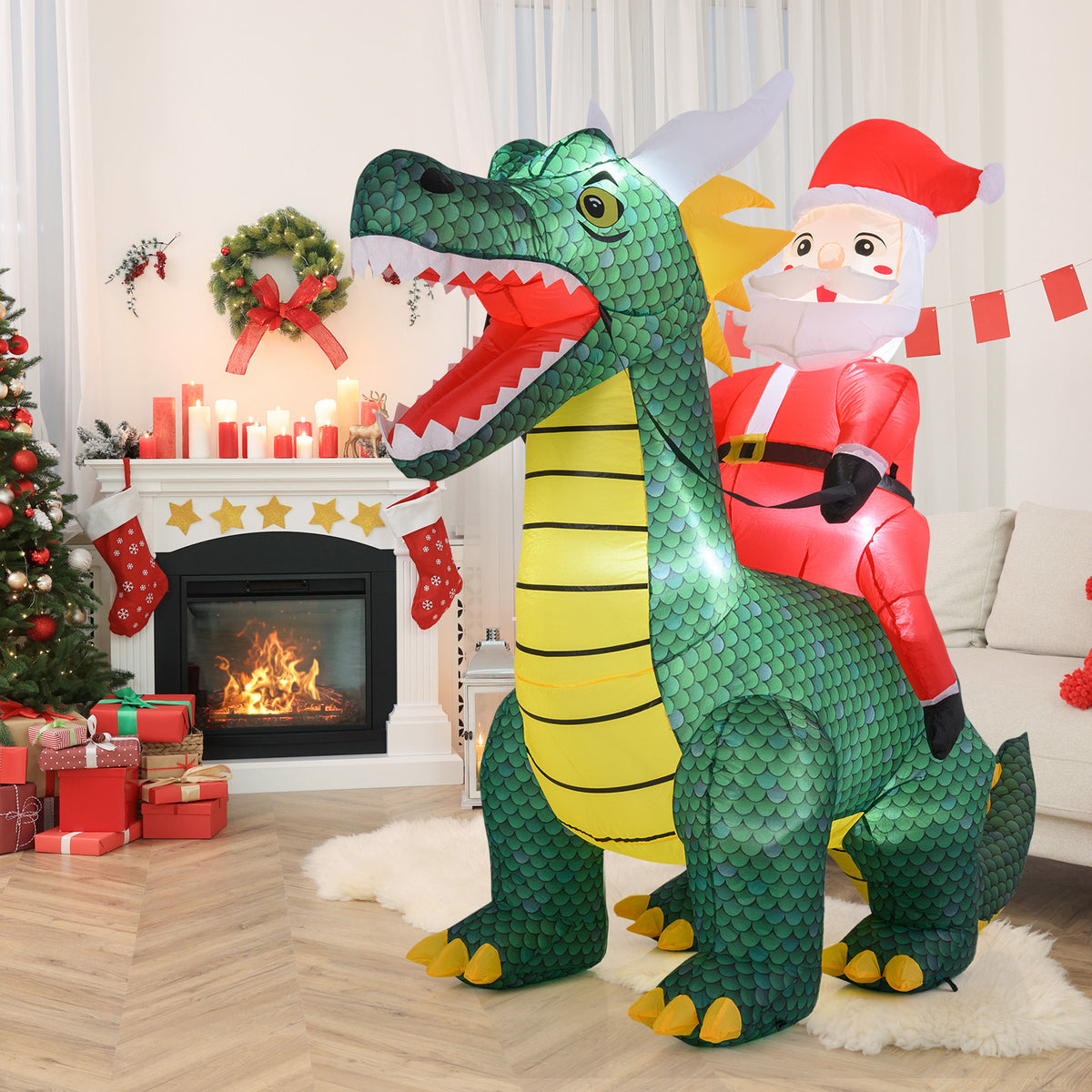 Inflatable Santa Claus Riding Dinosaur with LED Lights - 6.7 Feet Outdoor Decor Variation: Santa Riding Dragon