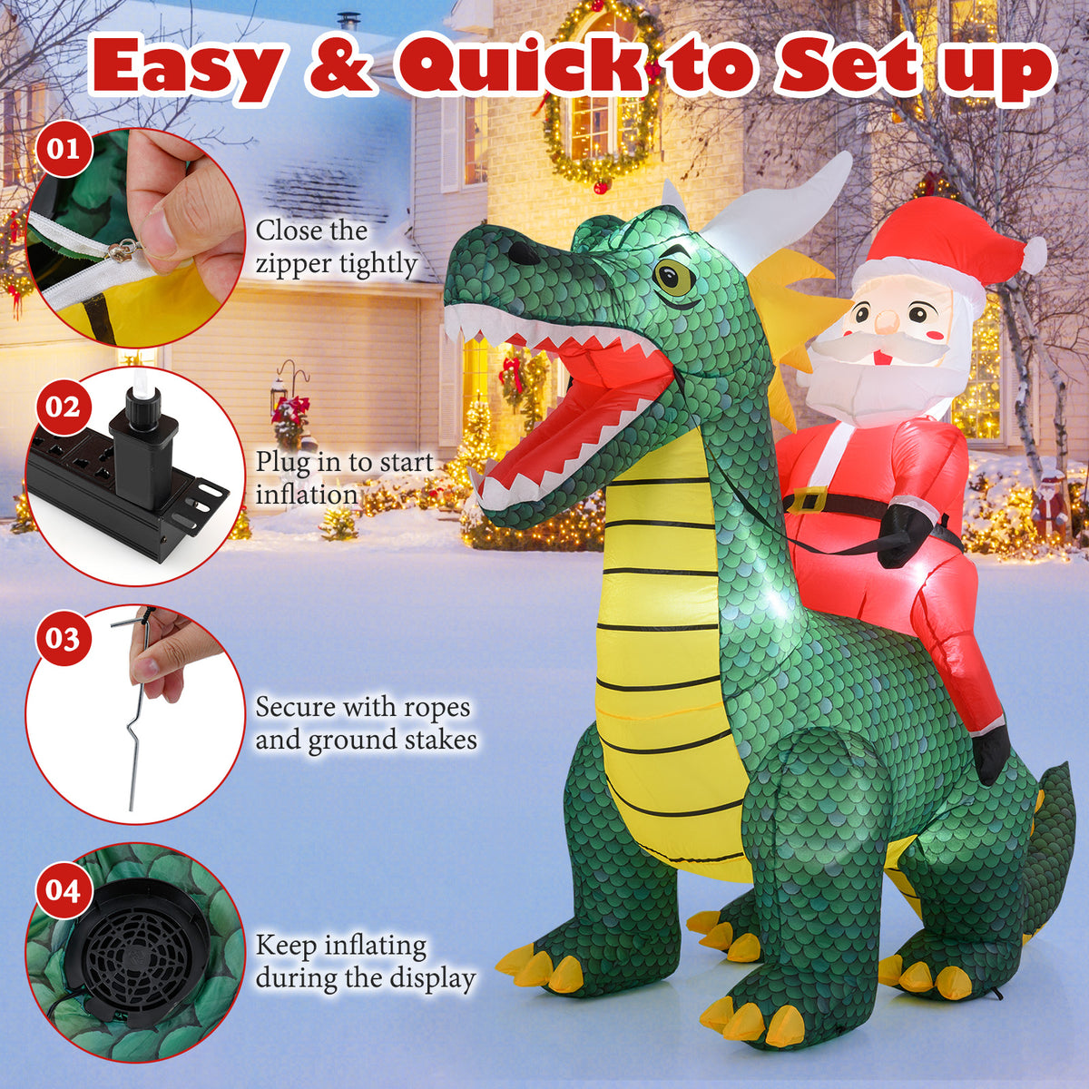 Inflatable Santa Claus Riding Dinosaur with LED Lights - 6.7 Feet Outdoor Decor Variation: Santa Riding Dragon